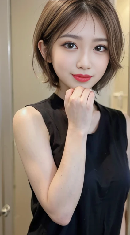blush a little and smile, (Top quality masterpiece:1.2) Delicate illustrations, Very detailed, /Beautiful Japanese Women、1 person,Very cute and slim、Great style 、((8k images、super high quality))、Very delicate face, Big Breasts、Skin and Hair、beautifule forehead、Red lipstick、(((((short hair、Blonde、lure))))),Very cute Japanese cut face、Eyes and nose are clearly visible、Kind eyes,((((Black sleeveless dress))))