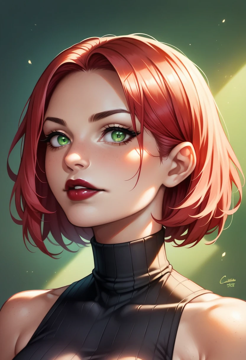 (high-level image quality), (high quality), (high resolution), (detailed), (masterpiece), beautiful woman, ((caucasian)), green eyes, red hair, short hair, dark red lipstick, slender body, perfect eyes, Detailed face, sexy black turtleneck, black leggings, black belt on the waist, portrait