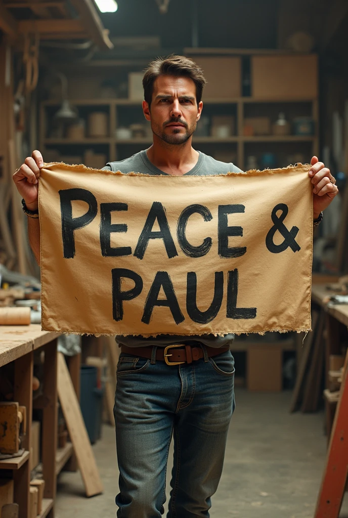 Tom Cruise is in the carpentry workshop, holding a large banner that reads Peace and Paul both in art