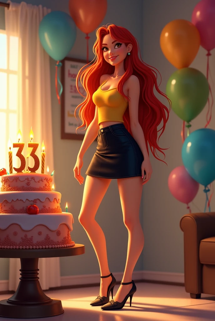 Long red haired girl with yellow tank top, black skirt and heels with birthday cake with candles number 33 and balloons and birthday sign