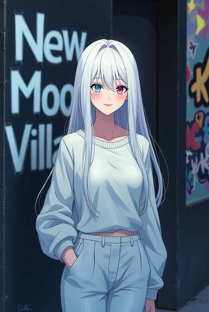 Ghibli and Cowboy Bebop style image of a 24 year old albino woman, with a white sweater and white pants too, you have colored eyes. She has very long hair, and he shows a smile. 


The background of the image is a black wall, with a graffiti that says: New Moon Village
