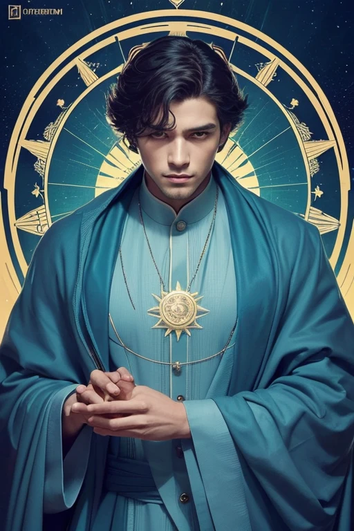 "Create an illustration of a man born on October 1st in the style of an Alphonse Mucha poster. The layout should resemble a tarot card, with a mystical atmosphere and subdued colors. Incorporate elements such as cosmos flowers, the gemstone opal, and the color sky blue. The man embodies leadership, balance, and social charm. He has a calm and confident expression, with sharp eyes that convey intelligence and fairness. The illustration should be sophisticated, with a serene and elegant background. The color palette should be calm and strong, focusing on blue tones to symbolize his calmness and rationality. Surround him with elements like scales or a compass, representing balance and decision-making. He wears stylish, tailored clothing that reflects his keen sense of aesthetics. The overall atmosphere should capture his calm authority and refined elegance as a natural leader."