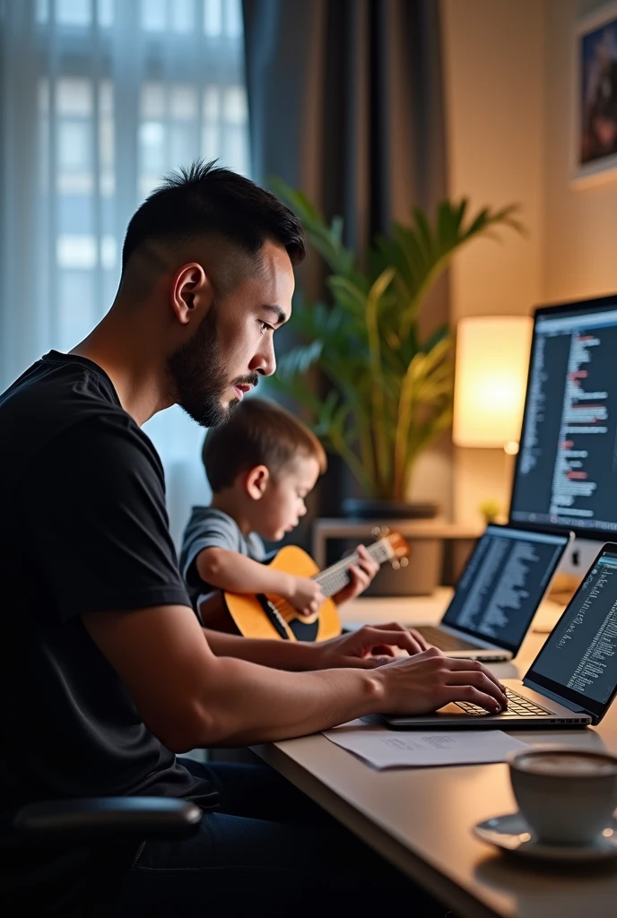 A short-haired IT expert wearing a black t-shirt is working in his room and there are three laptops on his desk., a cup of coffee, and vape. And beside him there was a ., short hair playing guitar. Real-like photo results.