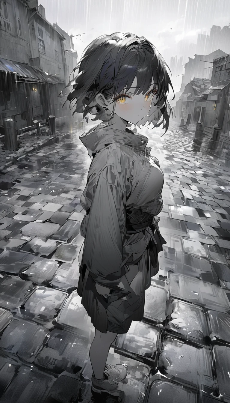 (anime style: 1.4), soft painterly touches, High resolution, Attention to details, high quality, 4k, 8K, stone road, after the rain, anime girl, yellow eyes, short hair, dark blue hair, clothing adventurer, gray scale color effect, full body, ruined Celtic city background