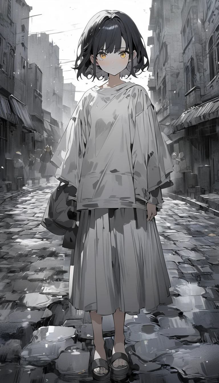 (anime style: 1.4), soft painterly touches, High resolution, Attention to details, high quality, 4k, 8K, stone road, after the rain, anime girl, yellow eyes, short hair, dark blue hair, clothing adventurer, gray scale color effect, full body, ruined Celtic city background