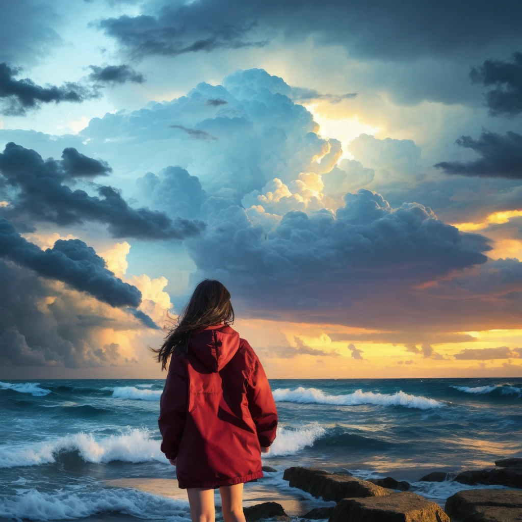 Storm background、one person's、Highest quality、smile、it's raining、(masterpiece), (Highest quality), (Very detailed)