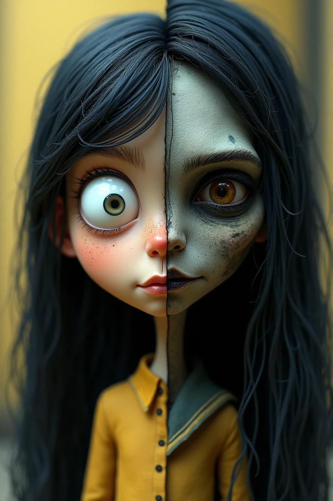 A frame with a picture of Coraline the movie with button eyes and the other half with the animated second mother