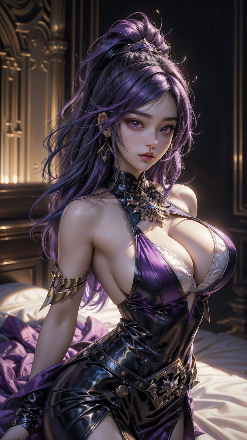 ((Realistic light, Best Quality, 8k, Masterpiece :1.3)), taking selfies, 1girl, beautiful woman with perfect figure :1.4, abs :1.1, (purple hair, Huge-breasts :1.3), Arabian dress :1.4,belts :1.2, translucent detail in dress, color black and other bed inserts, ultra-detailed face, A detailed eye, double eyelid, ( MIYAMA-ZERO)Perfect Hands Perfect Fingers Perfect Breasts Perfect Hair Perfect Face Perfect Body, Dynamic angle M