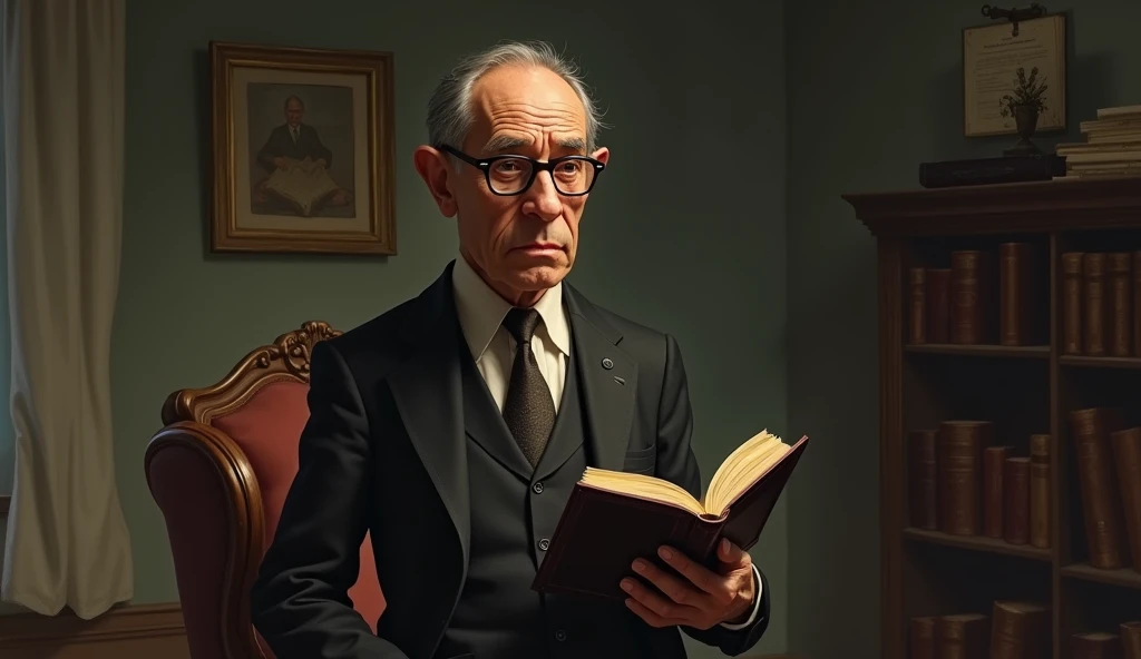 An elderly man with a serene and contemplative expression, thin. He has short, dark hair, slightly balding in the front, slightly graying, no beard, and wears a classic 1930s suit, with small, square, prescription glasses, and a discreet tie. Cayce is standing next to a vintage-looking chair in a setting reminiscent of an old office, with books and papers in the background. The soft, diffuse lighting highlights his face, conveying an aura of wisdom and introspection. In one hand, he holds an open book, symbolizing his knowledge and psychic abilities. The scene has a nostalgic and mysterious tone, reflecting the enigmatic nature of his predictions and readings. talking to several people