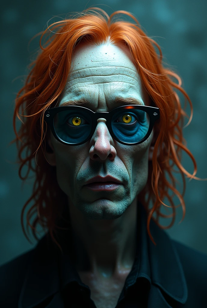 realistic portrait, horror, Cool tones, man, long greasy tangled red hair, freckles, gray skin, old-fashioned glasses with dark blue lenses, yellow eyes