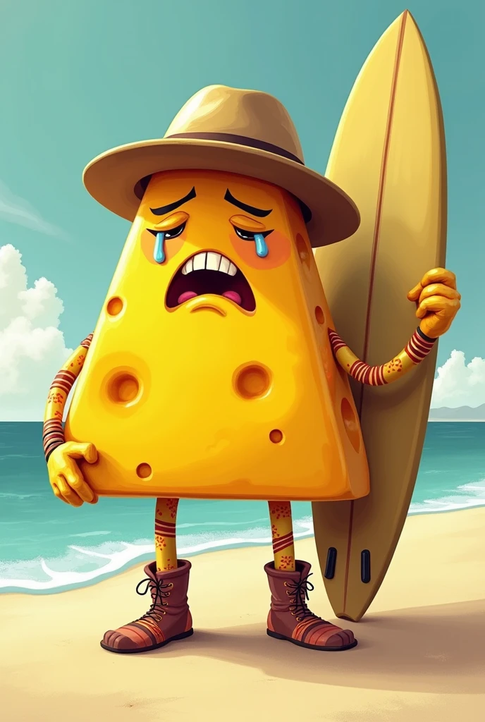 create an image of a male cheese in a triangle shape wearing a fisherman&#39;s hat with arms holding a surfboard on the right side and legs with a hippie and surfer style and a crying face