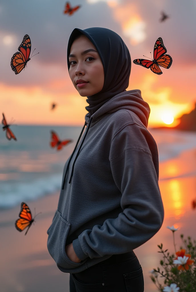 Top quality, girl 1, gray hoodie, black cargo pants, on the beach, cool light, appearance 2, youth appearance, brown eyes, Full body, body visible up to the thighs, beach background With sunrise reflection, and flowers beautiful surrounded by colorful butterflies, sunrise, dark gray hijab, curled eyelashes, Indonesian face, Indonesian race, Indonesian beauty, beautiful girl, Indonesian face, tin lips, sexy lips, sexy face.realistic original photo, studio