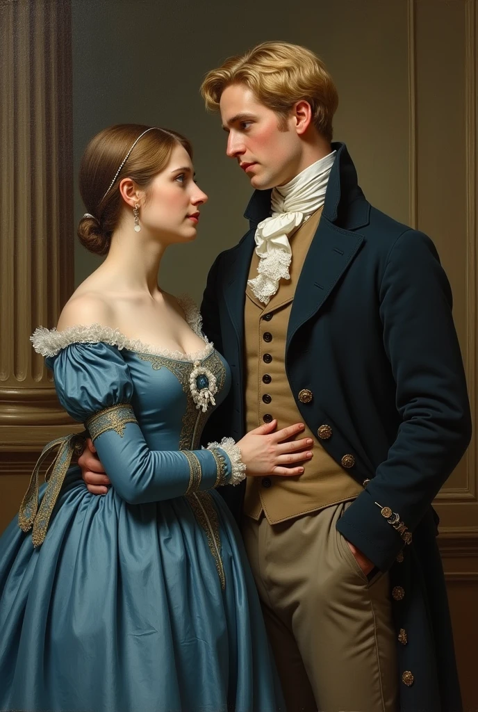 Georgian couple, 1810, London, England. Short woman with dark blonde hair, BLUE DRESS. Tall man with blond hair and deep blue eyes