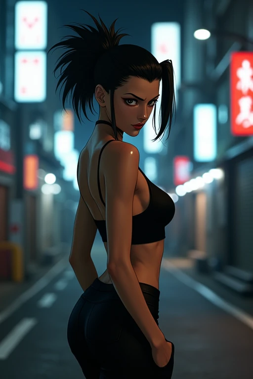 A live-action version of Yusuke Urameshi as a woman。Her appearance is、While retaining the original character's hairstyle and hair color、In feminine fashion、Add a little sexiness。The background is Tokyo night view and dark alleys.、Reflecting the atmosphere of the city。