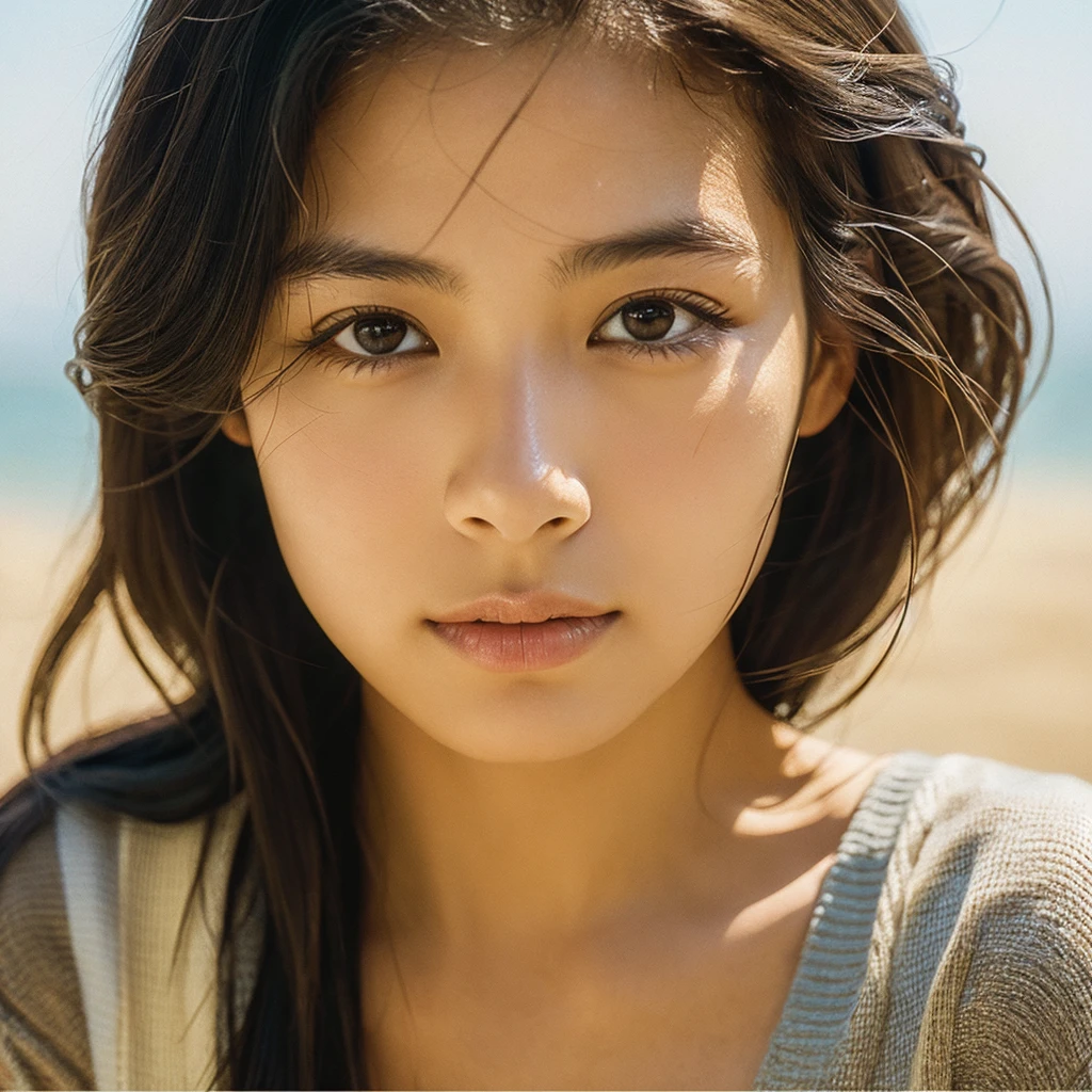 A hyper-realistic image of a single Japanese woman in her early 20s, captured with the nostalgic warmth and subtle graininess of a film camera. Her skin has a warm beige tone with a natural, slightly rough texture that includes visible pores, fine lines, and subtle imperfections such as small blemishes, adding to the authenticity of her appearance. The soft, diffused natural light enhances the film-like quality, casting gentle shadows that create a timeless, organic feel. Her straight, glossy black hair frames her face in a natural, slightly tousled manner, and her deep brown eyes reflect the ambient light, adding depth and emotion. The film camera effect introduces a slight grain and a softer focus, giving the image a warm, nostalgic atmosphere while maintaining the realistic texture of her skin. She is dressed simply, in a way that complements her natural beauty, with the overall composition designed to evoke a sense of genuine, understated elegance. The use of natural light, combined with the deliberately rougher texture of her skin and the film-like qualities, ensures that this image captures the imperfections that make her beauty truly lifelike, focusing solely on this one individual.