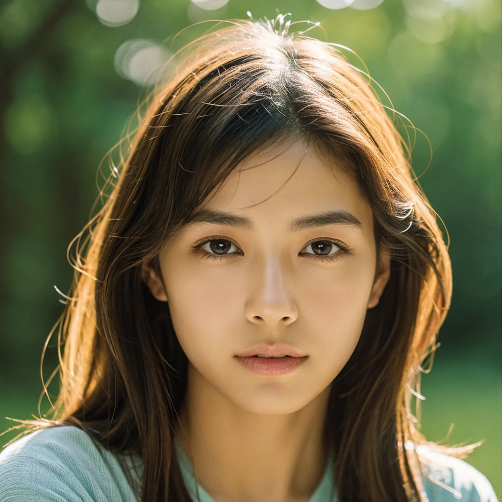 A hyper-realistic image of a single Japanese woman in her early 20s, captured with the nostalgic warmth and subtle graininess of a film camera. Her skin has a warm beige tone with a natural, slightly rough texture that includes visible pores, fine lines, and subtle imperfections such as small blemishes, adding to the authenticity of her appearance. The soft, diffused natural light enhances the film-like quality, casting gentle shadows that create a timeless, organic feel. Her straight, glossy black hair frames her face in a natural, slightly tousled manner, and her deep brown eyes reflect the ambient light, adding depth and emotion. The film camera effect introduces a slight grain and a softer focus, giving the image a warm, nostalgic atmosphere while maintaining the realistic texture of her skin. She is dressed simply, in a way that complements her natural beauty, with the overall composition designed to evoke a sense of genuine, understated elegance. The use of natural light, combined with the deliberately rougher texture of her skin and the film-like qualities, ensures that this image captures the imperfections that make her beauty truly lifelike, focusing solely on this one individual.
