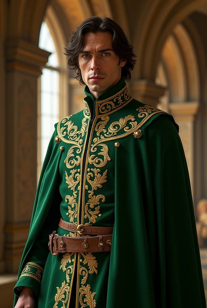 A lord of House Tyrell Tall and thin with curly hair wearing a dark green surcoat with designs sewn in gold thread