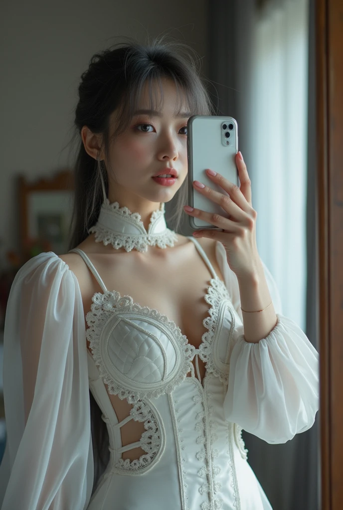 highly detailed, beautiful, hyper Realistic girl, masterpiece, best quality, Japanese sexy gravure woman, 28-years-old, identity hidden, all body shot, , takes a selfie in her room using a smartphone in front of a mirror with one hand, fashion model Posing, standing, looking away from the camera, /// gray arranged hair, light color eyes, Realistic skin, Detailed face, /// BREAK Cyber punk taste chinese dress, balloon Sleeves, white theme, mandarin collar, intricate patchwork of latex and leather, triangular silhouette skirt, gray, /// Monotone simple modern taste single room, mirror, complicated background