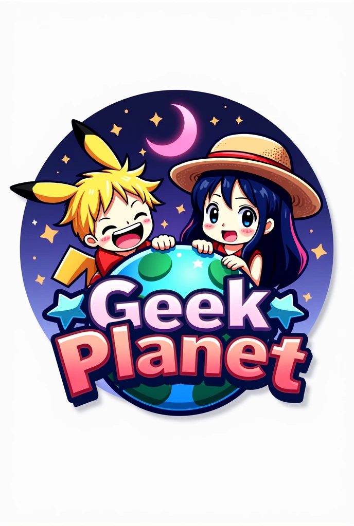 Un logo con un 🌎 en el fondo, with stars, heart and a crescent moon (Pink and purple colors), In the front there are some anime figures of a boy with wavy hair and a girl with long black hair wearing t-shirts and Pikachu ears or a straw hat. (Luffy de one piece), the name of Geek Planet in the middle of the logo (with vivid colors throughout the image) and with white background 
