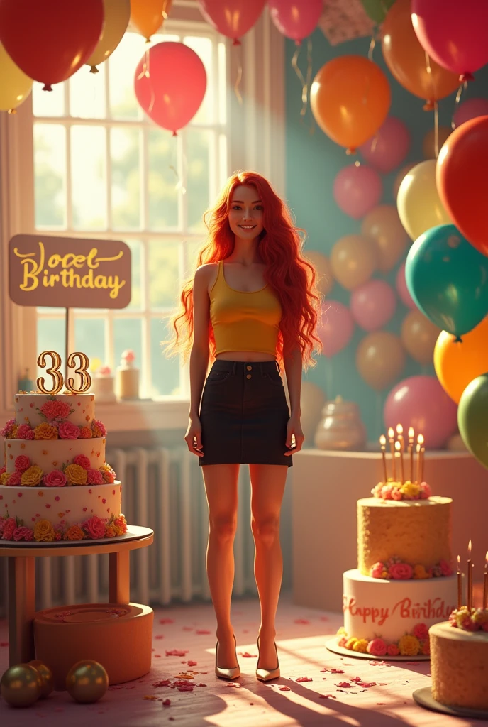 Long red haired girl with yellow tank top, black skirt and beige heels with birthday cake with candles number 33 and balloons and birthday sign