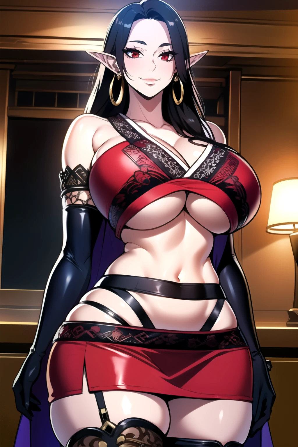 ultra realistic 8k cg, masterpiece, ((ultra detailed background, intricate detail, highly detailed, fine details best quality, hyperdetailed face)), gigantic breasts ,beautiful lighting, absurdres, BoaHancockV2, 1girl, solo, (black hair), long hair, jewelry, closed mouth, ), cleavage, (short kimono : 1.1), (underboob : 1.4), elbow gloves, thigh boots, miniskirt, bare shoulders,, bare shoulders, curvy, midriff, curvy, thighs, shiny clothes), red eyes, complex detailed background, indoor, palace), ((cowboy shot)), curvy, (gigantic breasts: 1.1), seductive smile, cowboy shot, earrings, jewelry, elf ears