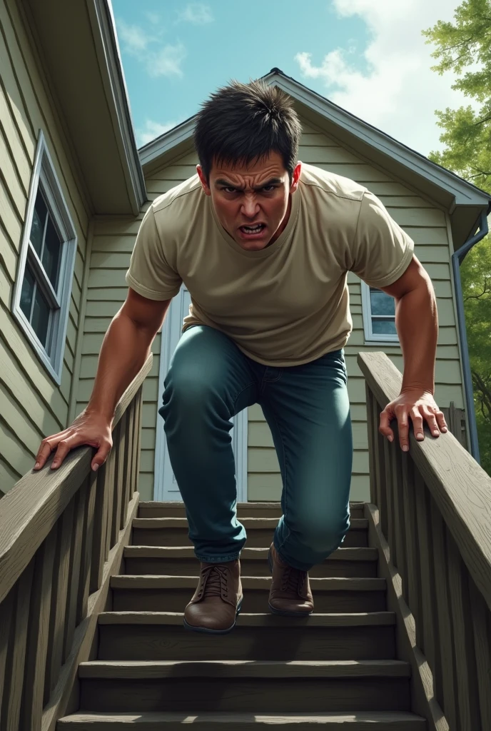 An angry young man is climbing the stairs and a house is in the background
