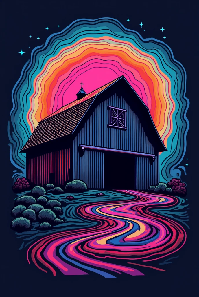 a vectorized barn logo , with psychedelic details