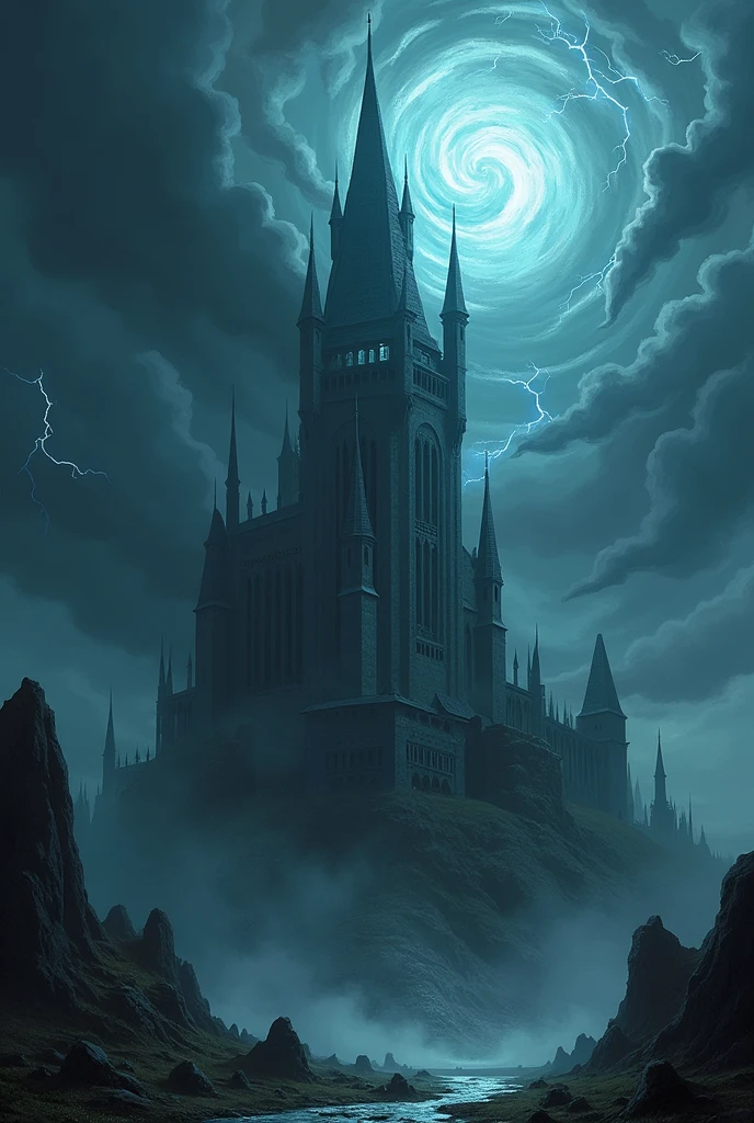 A wizards tower pierces the sky surrounded by swirling storm clouds fully cover with black smoke with lightning and thunder