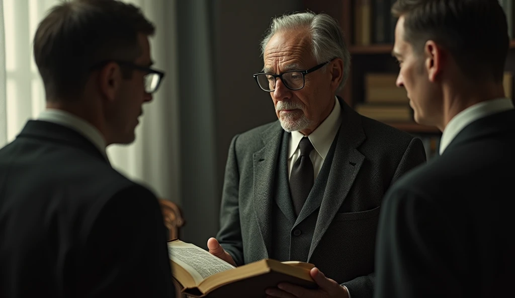 An elderly man with a serene and contemplative expression, thin. He has short, dark hair, slightly balding in the front, slightly graying, no beard, and wears a classic 1930s suit, with small, square, prescription glasses and a discreet tie. Cayce is standing next to a vintage-looking chair in a setting reminiscent of an old-fashioned office, with books and papers in the background. The soft, diffuse lighting highlights his face, conveying an aura of wisdom and introspection. In one hand, he holds an open book, symbolizing his knowledge and psychic abilities. The scene has a nostalgic and mysterious tone, reflecting the enigmatic nature of his predictions and readings. talking to several people