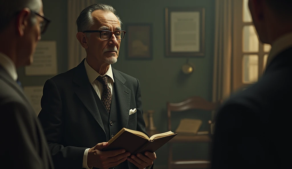 An elderly man with a serene and contemplative expression, thin. He has short, dark hair, slightly balding in the front, slightly graying, no beard, and wears a classic 1930s suit, with small, square, prescription glasses and a discreet tie. Cayce is standing next to a vintage-looking chair in a setting reminiscent of an old-fashioned office, with books and papers in the background. The soft, diffuse lighting highlights his face, conveying an aura of wisdom and introspection. In one hand, he holds an open book, symbolizing his knowledge and psychic abilities. The scene has a nostalgic and mysterious tone, reflecting the enigmatic nature of his predictions and readings. talking to several people