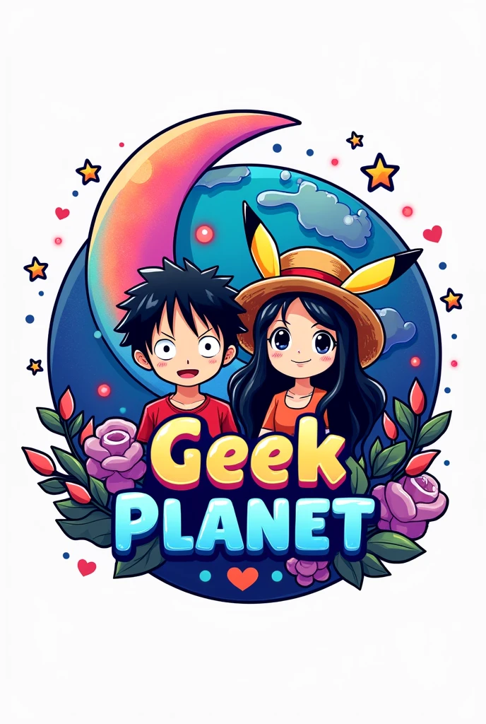 Un logo con un 🌎 en el fondo, with stars, heart and a crescent moon (Pink and purple colors), In the front there are some anime figures of a boy with wavy hair and a girl with long black hair wearing t-shirts and Pikachu ears or a straw hat. (Luffy de one piece), the name of Geek Planet in the middle of the logo (Vivid colors throughout the image) and the white background 