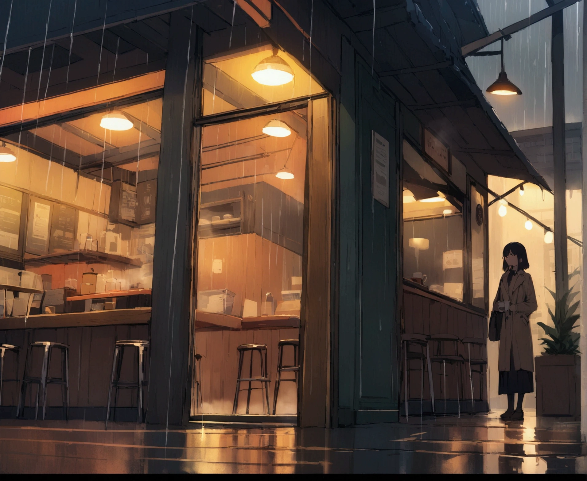 coffee shop, rain, best quality, masterpiece 