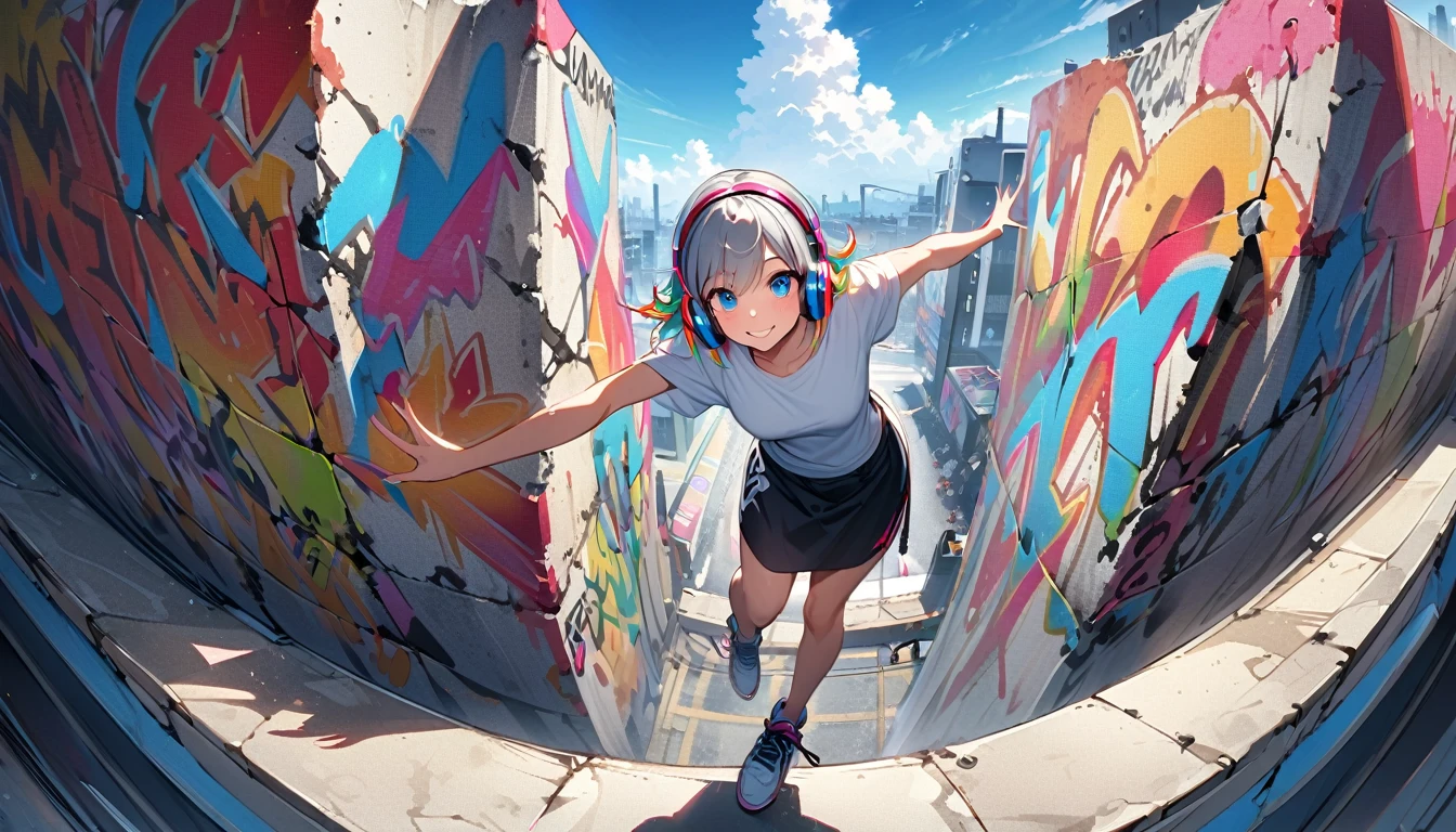 HD 8k , Lonely, 1 female, , Gray Hair, Rainbow Hair, blue eyes, Rainbow Headphones, Hip Hop Dance, White Big T-Shirt, sneakers, human center, Outdoor, blue sky, White cloud, Graffiti spray art wall, Panoramic view from above, Happy, smile