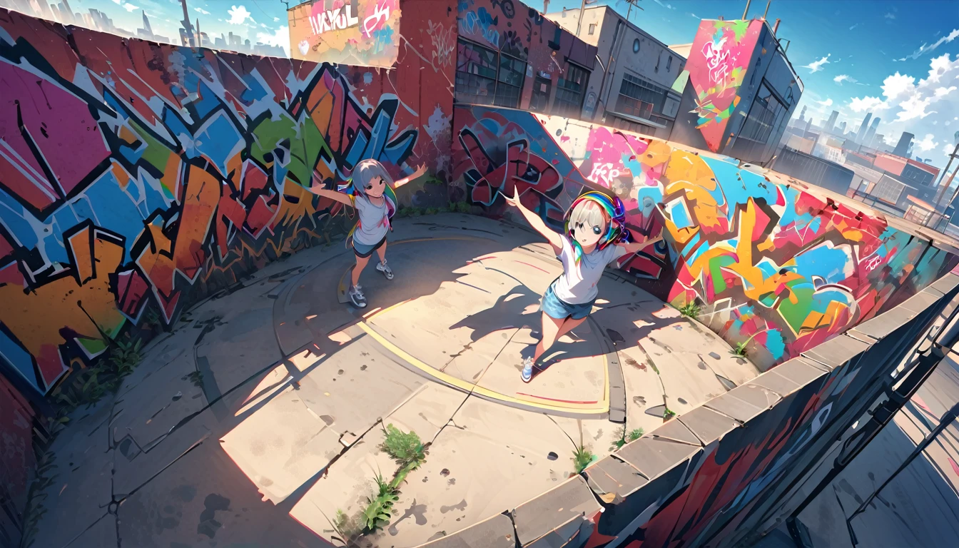 HD 8k , Lonely, 1 female, , Gray Hair, Rainbow Hair, blue eyes, Rainbow Headphones, Hip Hop Dance, White Big T-Shirt, sneakers, human center, Outdoor, blue sky, White cloud, Graffiti spray art wall, Panoramic view from above, Happy, smile