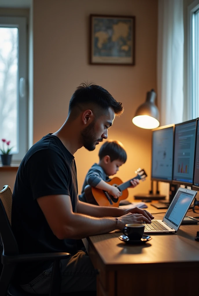 A short-haired IT expert wearing a black t-shirt is working in his room and there are three laptops on his desk., a cup of coffee, and vape. And beside him there was a ., short hair playing guitar. Real-like photo results.