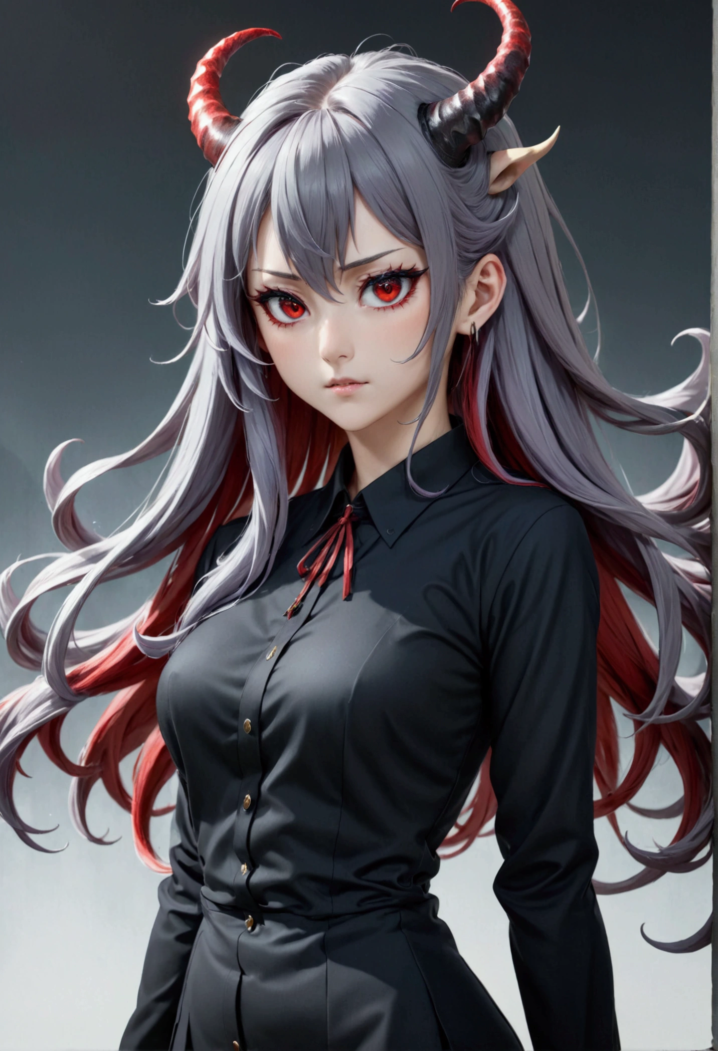 8k, Highest quality, Manga style, View your viewers, Intricate details,One person, Nakiri Ayame, ２Demon horns in the book, Multicolored Hair, Long Hair, Red eyes, Gray Hair, Red high leg,