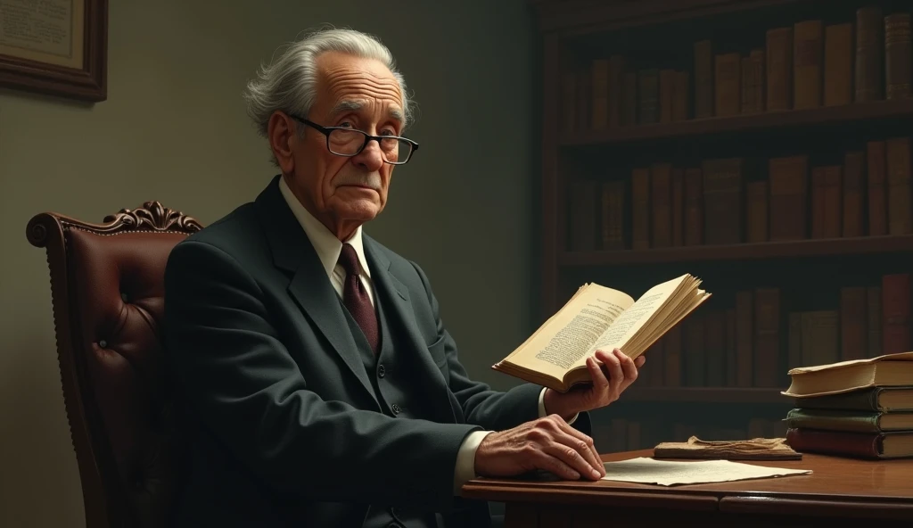 An elderly man with a serene and contemplative expression, thin. He has short, dark hair, slightly balding in the front, slightly graying, no beard, and wears a classic 1930s suit, with small, square, prescription glasses, and a discreet tie. Cayce is standing next to a vintage-looking chair in a setting reminiscent of an old office, with books and papers in the background. The soft, diffuse lighting highlights his face, conveying an aura of wisdom and introspection. In one hand, he holds an open book, symbolizing his knowledge and psychic abilities. The scene has a nostalgic and mysterious tone, reflecting the enigmatic nature of his predictions and readings. talking to several people