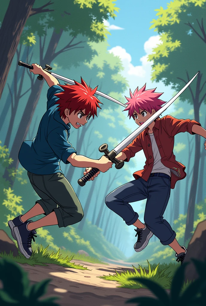 2 anime red and pink teenage boys are fighting and using swords in a forest and the pink hair boy dodges the red hair boy 