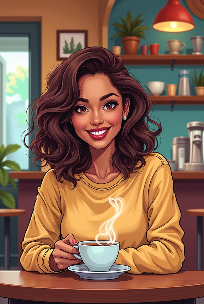 comic , A woman with brown skin, curly and brown hair, olhos amendoados, full mouth, wine lipstick, dressed in a sweatshirt, in a coffee shop 

