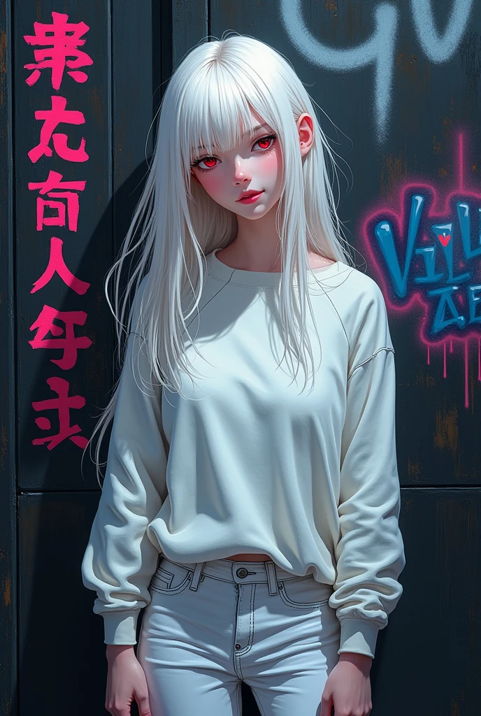 Cowboy Bebop style image of a 24 year old albino woman, with a white sweater and white pants too, you have red eyes. She has very long hair, and he shows a smile.
The background of the image is a black wall, with a graffiti that says: New Moon Village