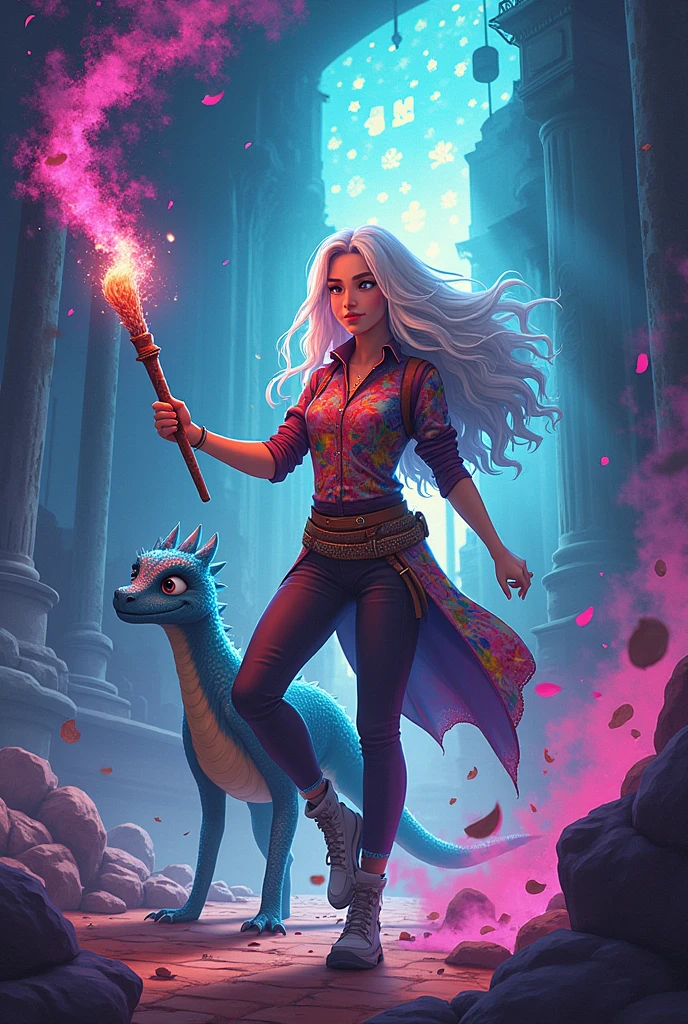 The Kingdom of Character Designs:
1. Aurora: A young graphic designer who discovers that she has the power to bring her creations to life. She has long silver hair., and wears clothes full of colorful patterns. His personality is optimistic, curious and a little impulsive.
2. ink:A little ink dragon that accompanies Aurora. Her body is covered in artistic patterns that change depending on her mood.. He is playful, loyal and always has creative advice for Aurora.
3. The Grayscale Master: The comic book villain, A former designer who has lost his passion for art and seeks to turn the world into a dull, grey place. He dresses in grey robes and always carries with him a magic paintbrush that drains colour from things..
4. shadow: A warrior from the kingdom of colors, that protects creativity. She has an ethereal appearance with a dress made of shadows and lights.. She is wise and strong, and becomes Aurora's mentor.
Script:
Page 1:
-Wineta 1:Aurora is in her studio, surrounded by sketches and design tools. ink vuela alrededor, leaving a trail of bright ink.
Aurora: "Today is the day! I'm going to submit my design to the kingdom contest."
Wineta 2: Aurora holds a sketch of a vibrant landscape filled with fantastic creatures.
ink: "It's amazing! Let's bring it to life!"
Page 2:
Wineta 1: In the contest, Aurora presents its design on a magical screen. The colors begin to shine.
Wineta 2: The Grayscale Master aparece en la sala, With his brush he drains the color from the surroundings.
The Grayscale Master: "Enough of fantasies! Art must be serious."
Page 3:
Wineta 1: Aurora feels dejected as the color fades.
Aurora: "I can't let this happen!"
Wineta 2: shadow aparece, wrapped in lights and shadows.
shadow: "You must fight for your creativity, Aurora."
Page 4:
Wineta 1: Aurora makes a decision and confronts Master Grayscale.
Aurora: "Art is freedom! You can't take that away from me!"
Win