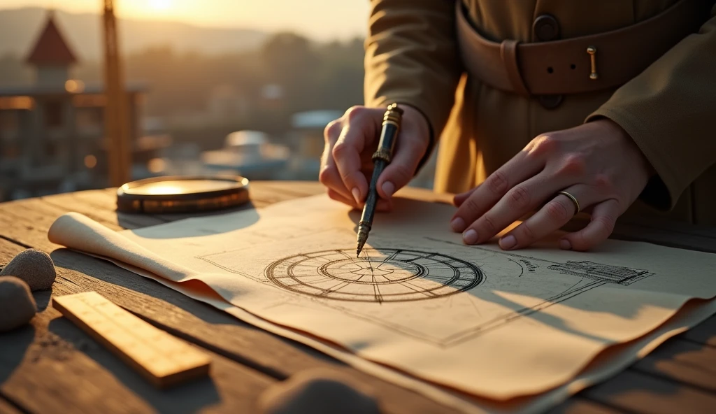 Create a hyper-realistic and mysterious image of a hand holding an ancient compass, drawing a perfect circle on an open parchment showing a sketch of an architectural plan. Next to the compass, a wooden ruler and a small pile of sand, symbolizing the time and precision required in planning. The background should be softly blurred, showing part of a construction in progress from a distance. The golden light should focus on the compass and the circle, creating a sense of order and intention, highlighting that careful planning is the key to building something lasting and prosperous.