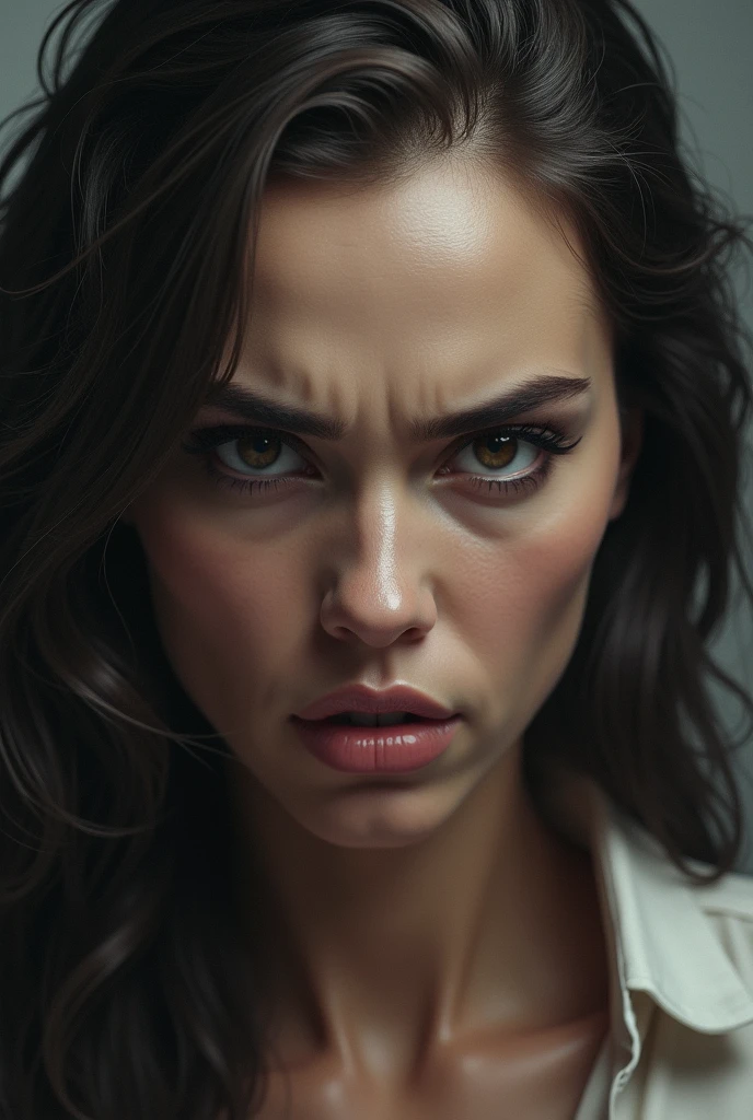 Create a digital book cover On the cover there is an angry woman and her serious expression of anger, but she is controlling herself so as not to be aggressive.