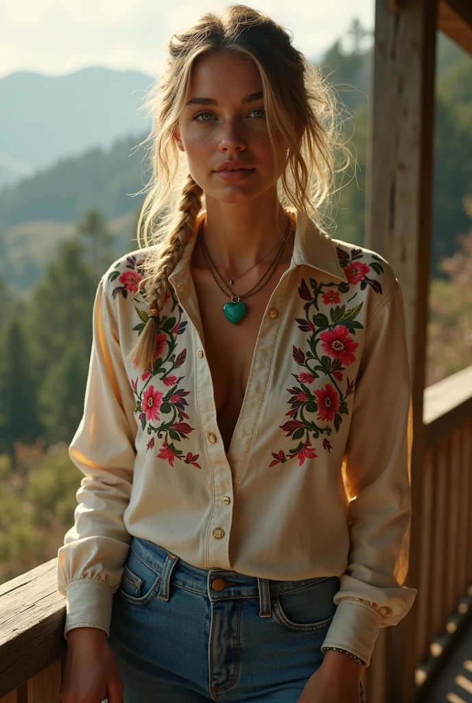 country beauty, country musician, southern girl, tight worn fit jeans, bokeh, f1.4, 40mm, photorealistic, intricate details full-length , an American female country music singer outside, exterior porch overlooking mountain landscape, (misty:1.2 woods), ((she is dressed in tight old jeans , a retro snap western embroidered long sleeve cowboy collared shirt with orchid flower flourishes pattern:1.4)), she wears a jade heart necklace, comfortable, romantic, ((her tidy blonde hair, braided, twisted and over her ears short hair:0.9)), her hands relaxed, by side, every picture detail captured with the highest quality Leica camera, camera captures every detail and deepens the shadows, stunning female, colorful, lovely woman,American, a relaxed moment, realistic photo, (49% of photo is black in drawing:1.4), (detailed fabrics:1.2), (soft warm light:1.7) ,(relaxed intimate photoshoot), cozy relaxed, catching us, beautiful hands, gorgeous soft warm lighting:1.4, ((high contrast)), (deep, darkest shadows), (shadow details:1.3), ((taken using Leica camera, aperture: f/2)) , hyper-realistic skin, pores, scar, mole, relaxed moment, natural light glow, (romantic light:1.2), radiant dark skin, perfect relaxed hands, perfect fingers, a work of art, beautiful composition, golden ratio, contrast, inspiring, (highest quality fabric texture), every detail,Fine facial features