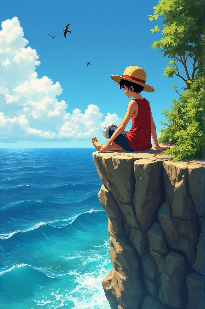 Create an image of Luffy sitting on a cliff as a child