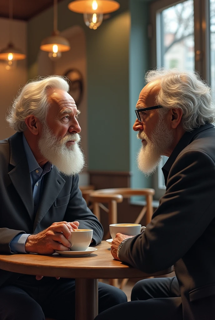 Imagine the illustrious and renowned psychoanalyst Sigmund Freud and the French psychoanalyst Jacques Lacan, still young, in a beautiful coffee shop, drinking their respective coffees, each one with their own cup, calmly, like someone talking about pleasantries.
Search for real images of Freud and Lacan on Google to reproduce their facial expressions and striking features