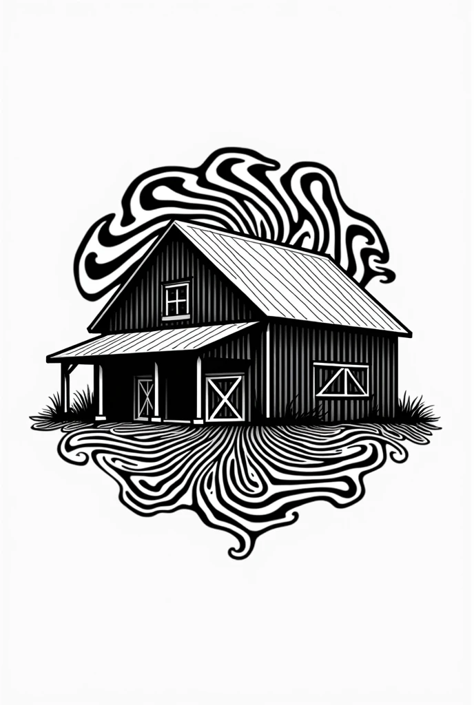 a black and white barn logo, with psychedelic details