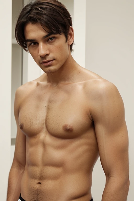cinnamon-skinned man of 1,70 tall with light eyes, short black hair and minimalist clothing style