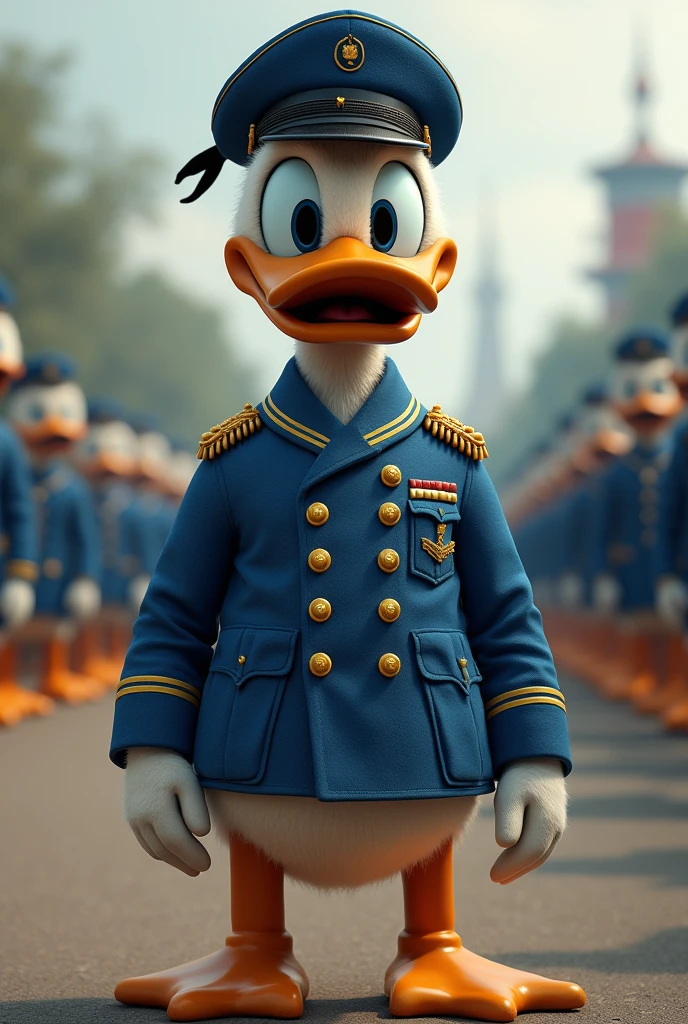Donald Duck in blue military uniform