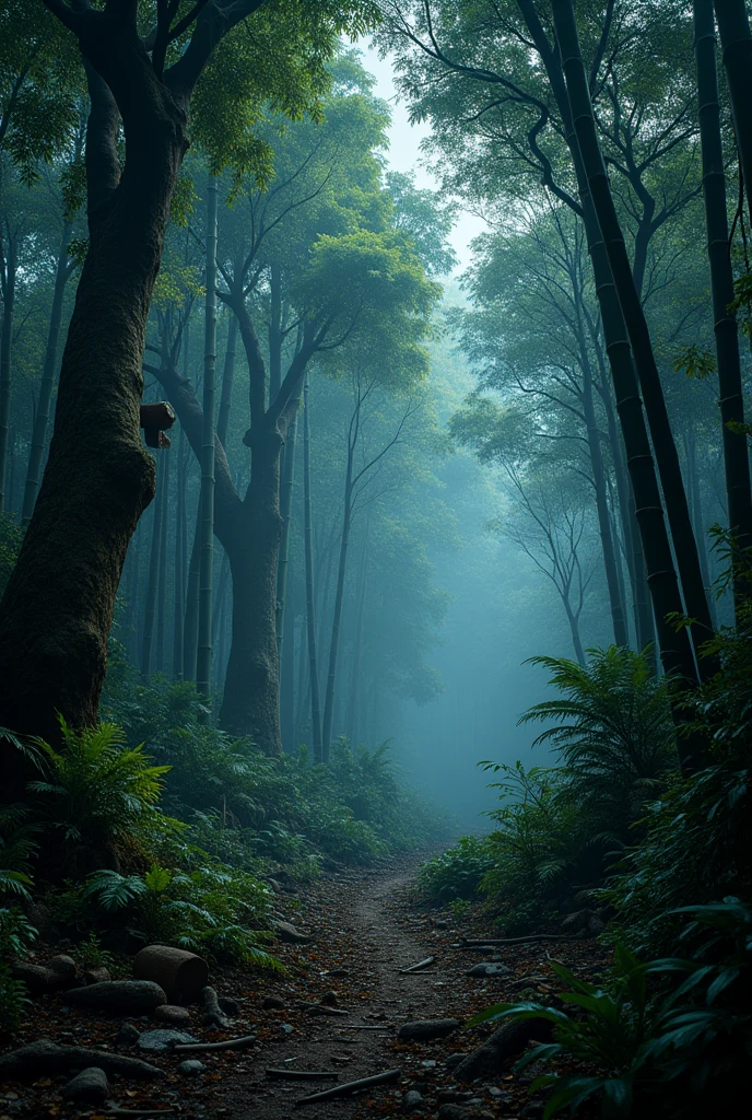 Lush deep dense east african forest closeup acaia trees seed pod trees palm trees giant trees bamboo vines fallen log fallen leaves vines on ground in tanzania at nightfall with fog